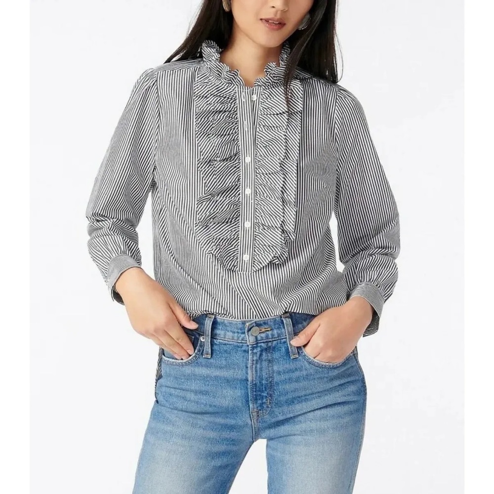 J Crew dark gray pinstripe ruffle front high neck blouse sz XS. NWT